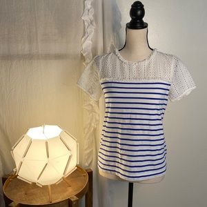 J. Crew Mixed Material Blue and White Striped Short Sleeve Top Size Small